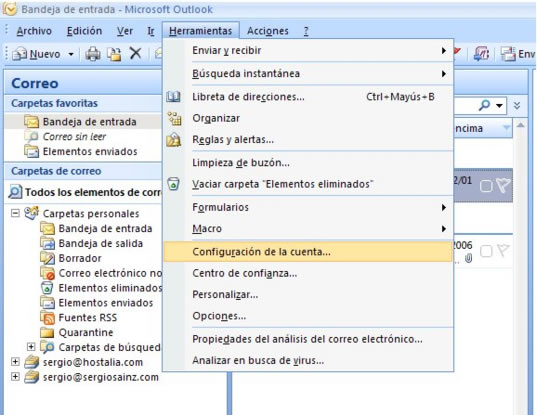 Herramientas -> Configuración de la cuenta